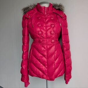 Juicy Couture Red Quilted Puffer Jacket with Faux Fur Removable Trim